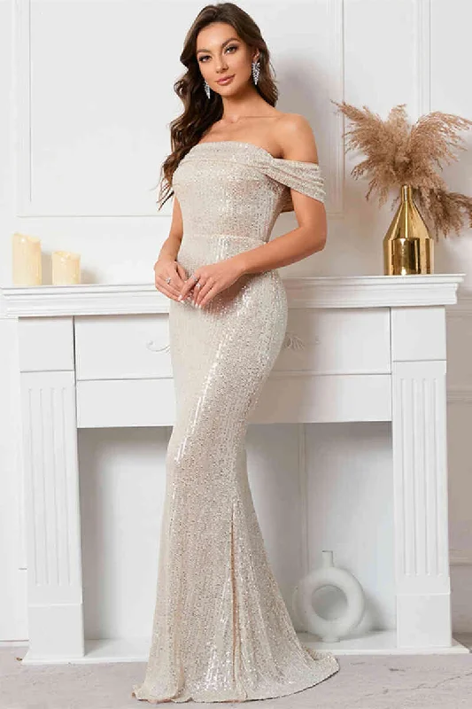 Off the Shoulder Silver Sequins Mermaid Long Evening Dress Tunics Stylish modern