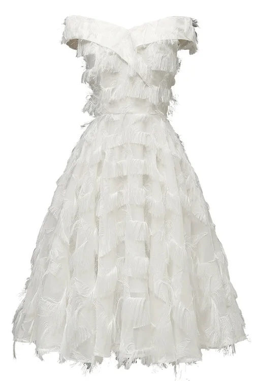 Off the Shoulder White Long Party Dress with Fur Cowl Neckline Elegant