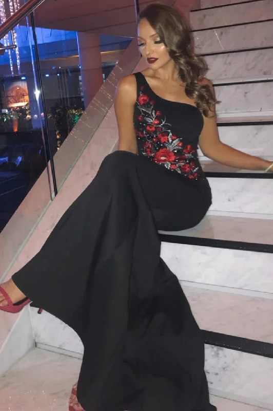 One Shoulder Floral Embroidery Mermaid Black Evening Dress Tunics Exclusive limited