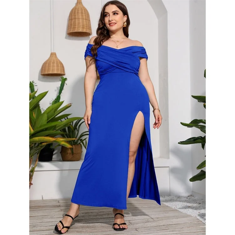 Plus Size High Waist Split Sexy Long Evening Dress (Color:Blue Size:XXXXL) Square Neckline Feminine