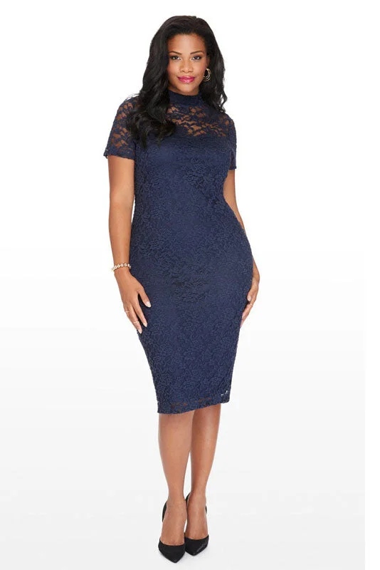 Plus Size Illusion Short Sleeves Navy Blue Ankle Length Party Dress Satin Halter Glamorous