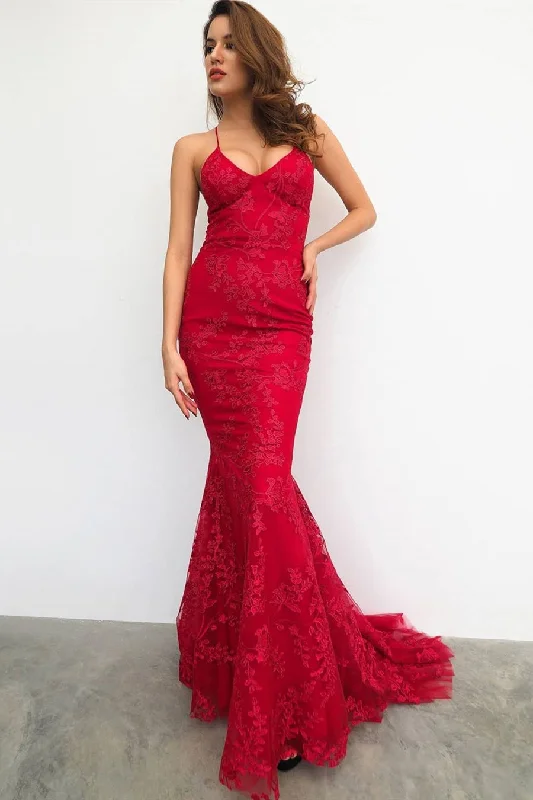 Red Mermaid Lace-Up Back Long Evening Dress with Lace Appliques Tunics Wedding white
