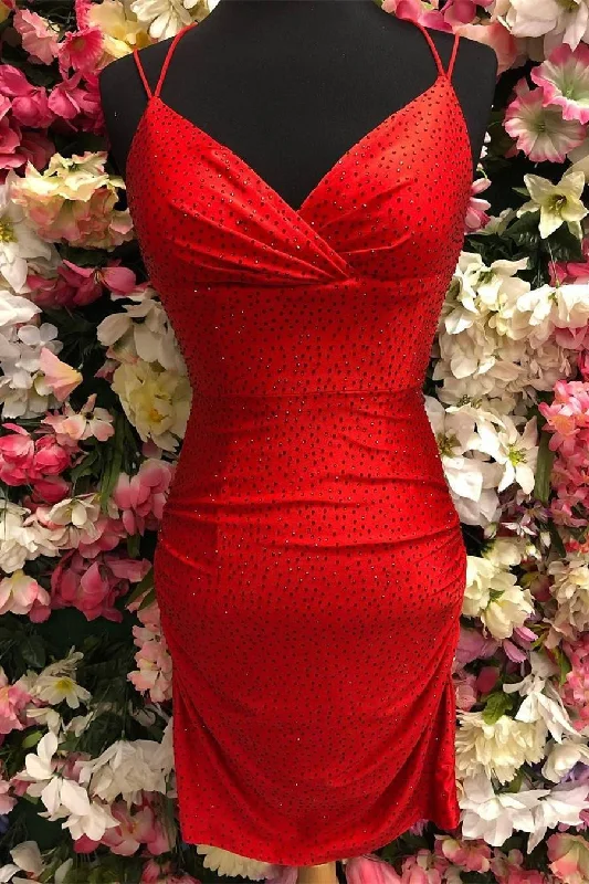 Red Tight Beaded V-Neck Short Party Dress Tunics Spring floral