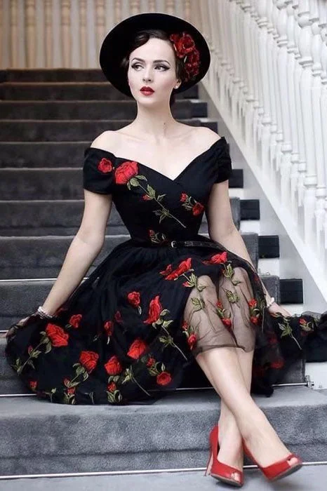 Retro Off the Shoulder Tulle Black Party Dress with Flowers Tunics Solid Classic