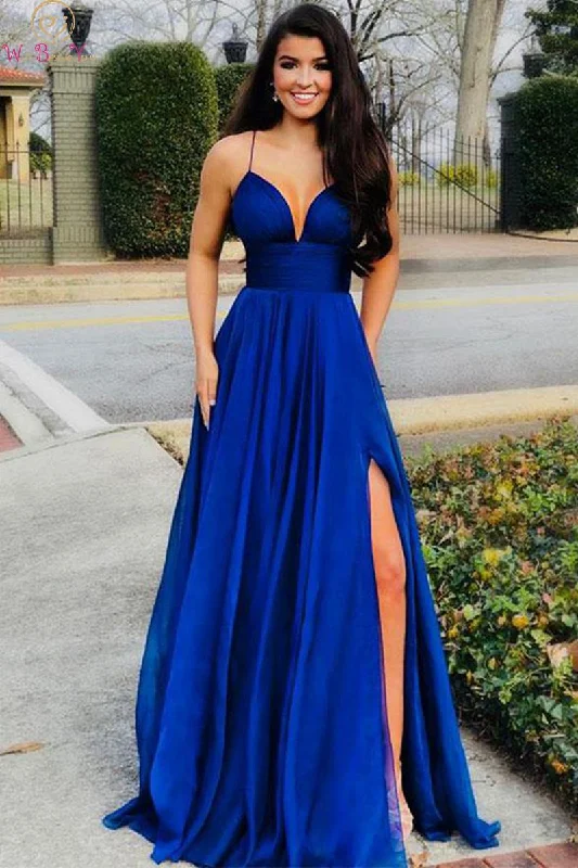 Royal Blue Evening Dresses Long 2019 Deep V Neck Split Sleeveless Spaghetti Strap Formal Party Prom Gowns Satin vestido de festa Turtleneck Neckline Stylish