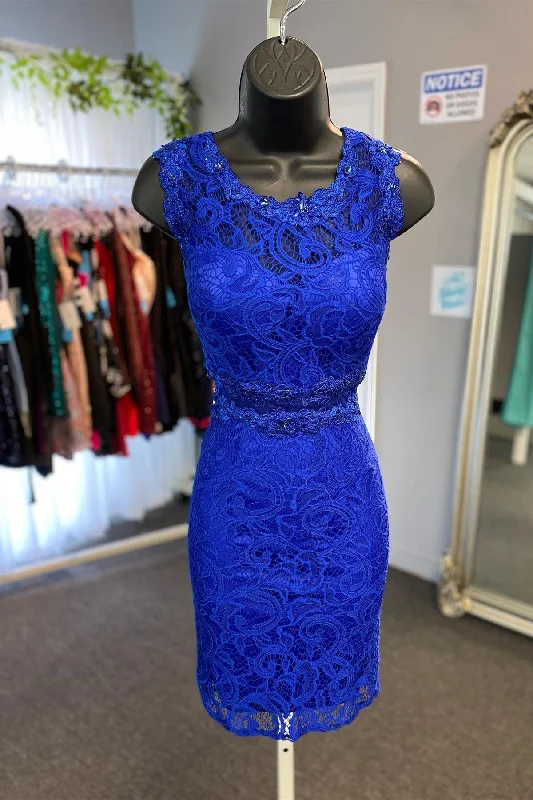 Royal Blue Lace Round-Neck Two-Piece Short Party Dress Tunics Top rated