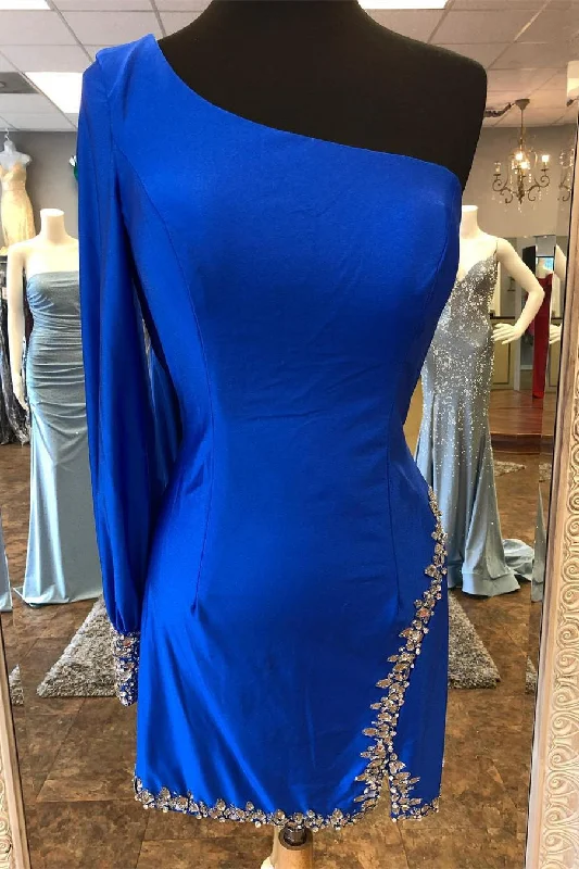 Royal Blue One Shoulder Beaded Tight Party Dress Off-the-shoulder Chic Trendy