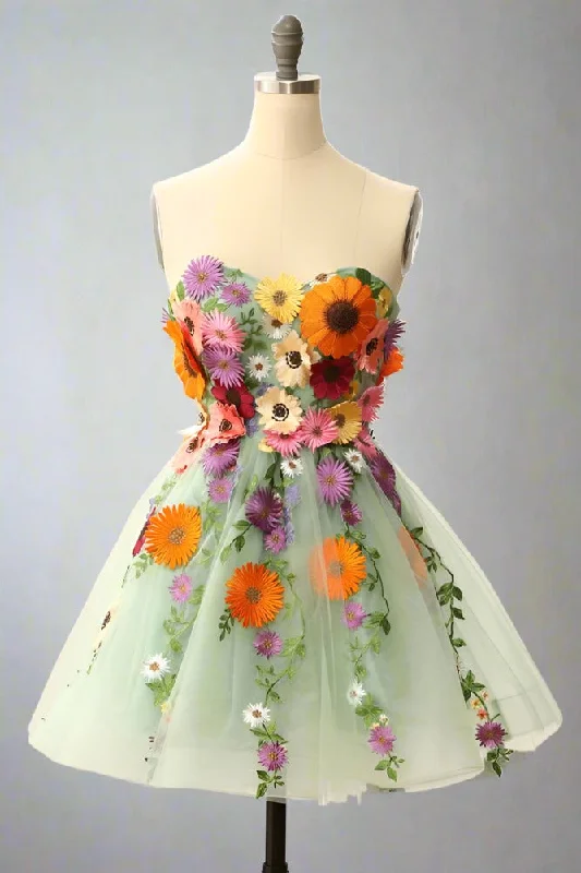 Sage Green Sweetheart 3D Floral Embroidered A-line Party Dress Tunics stripes playful