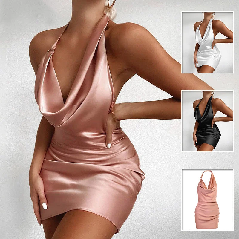 Satin Party Dress V Neck Backless Mini Sleeveless Summer Party Dress Peplum Ruffle Cocktail