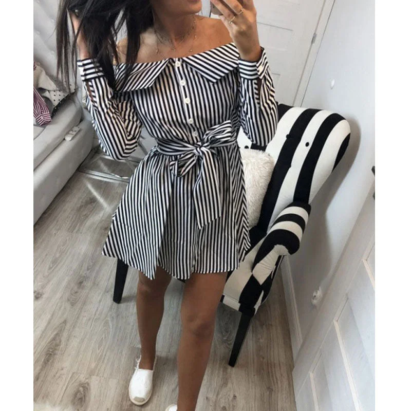 Sexy Striped Lacing Mini Dresses Women Solid Long Sleeve Off Shoulder A-line Dress Ladies Fashion Sweet Party Dress Vestidos New Tunics Running lightweight