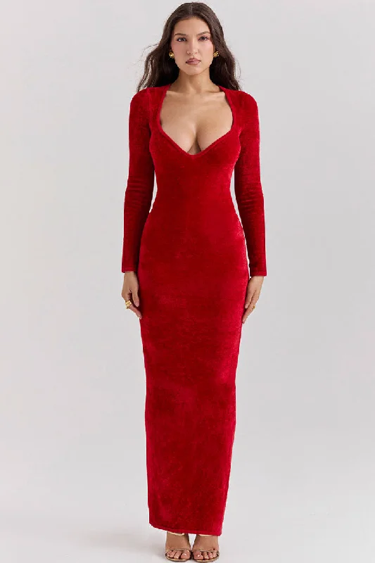 Sexy Sweetheart Neck Long Sleeve Velvet Bodycon Maxi Evening Dress - Red Tunics Silk luxurious