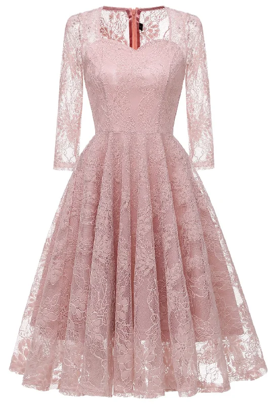 Sheer Long Sleeves Pearl Pink Lace Party Dress Tunics Stylish elegant