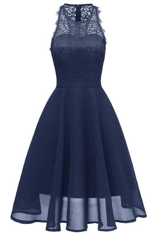 Sheer Sleeveless Chiffon Navy Blue Short Party Dress Lace Sexy Club