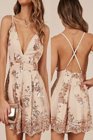 Spaghetti Straps Criss Cross Mini Party Dress with Sequins Tunics Plaid country