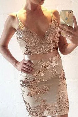 Spaghetti Straps Sequins Short Party Dress Turtleneck Neckline Stylish