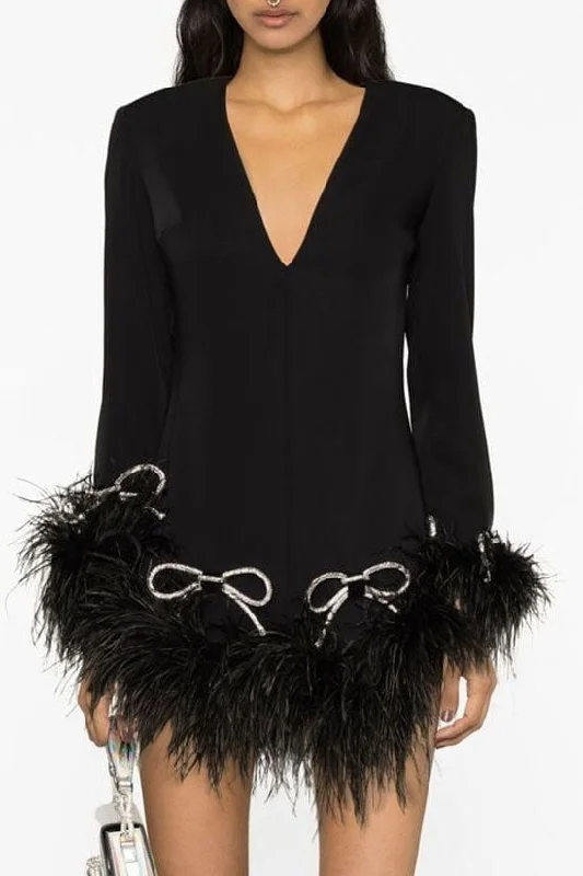 Sparkly Rhinestone Bow V Neck Fuzzy Feather Trim Mini Party Dress - Black Tunics Cozy comfortable