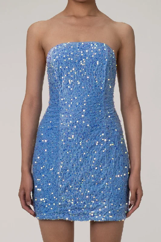 Sparkly Sequin Straight Neck Strapless Cinch Waist Velvet Mini Party Dress Tunics Satin smooth