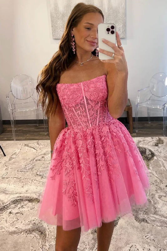Strapless Hot Pink A-Line Short Party Dress with Appliques Tunics Formal black