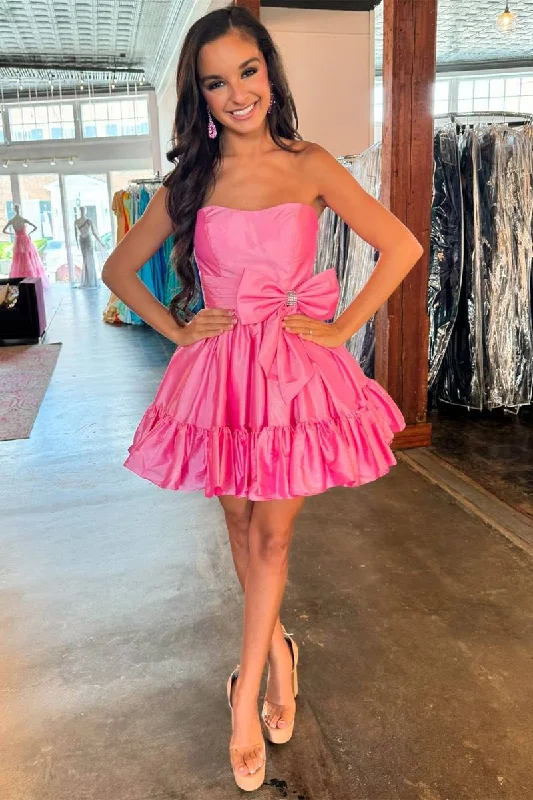 Strapless Pink Taffeta A-line Short Party Dress with Bow Boat Neckline Classic