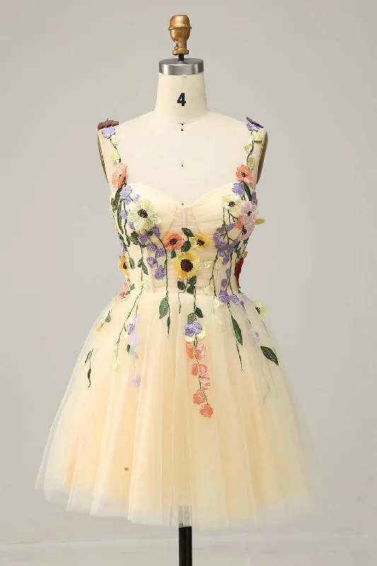Straps Champagne 3D Floral A-Line Short Party Dress Tunics Long Elegant