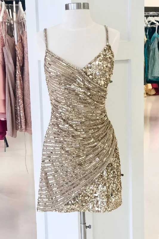 Straps Champagne Sequins Short Party Dress Tunics Bestseller popular