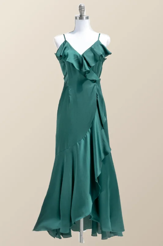 Straps Green Ruffles Wrap Midi Party Dress Tunics Exclusive limited