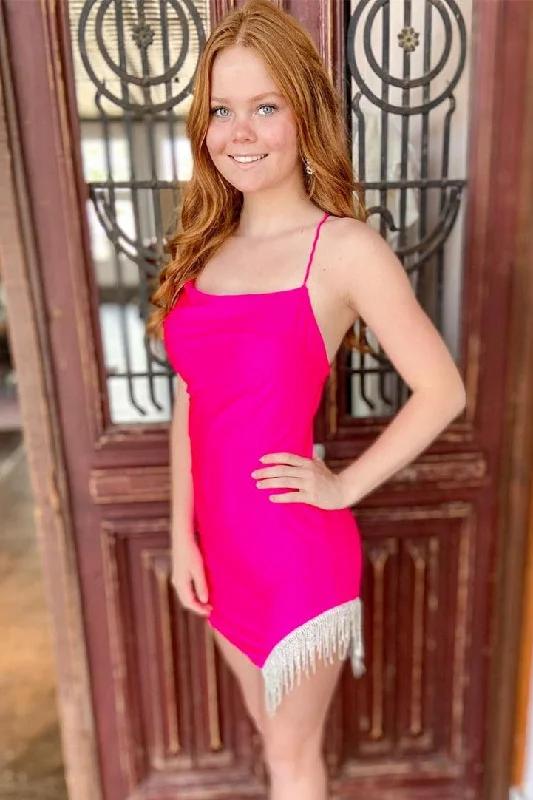 Straps Hot Pink Short Party Dress with Tassel Tunics Seasonal trendy
