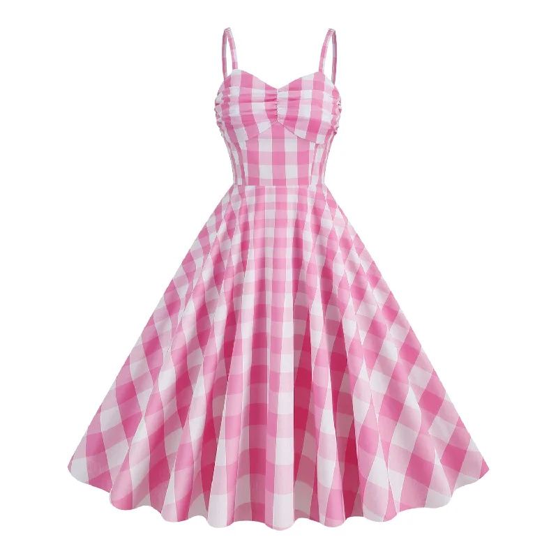 Straps Pink Plaid A-Line Vintage Party Dress Tunics Office stylish