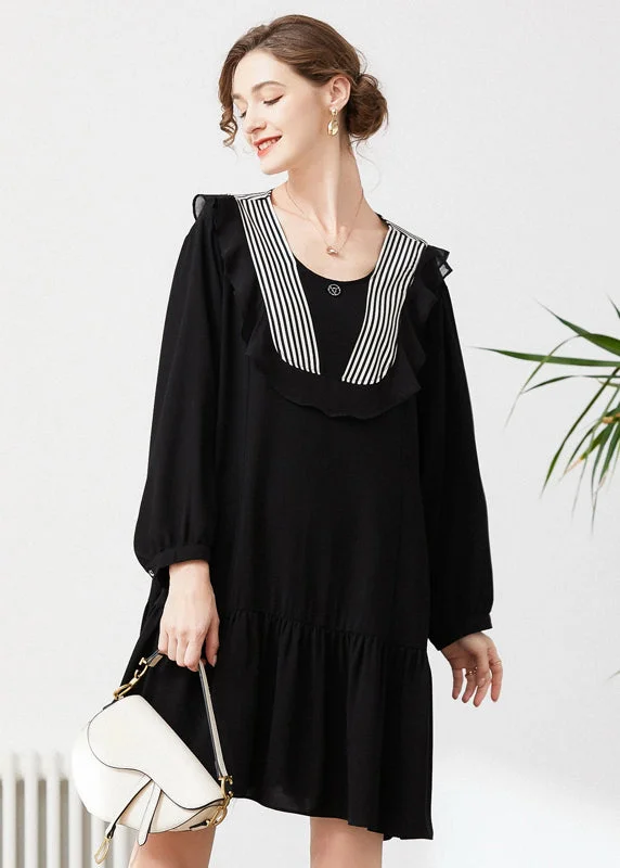 Style Black O-Neck Patchwork Ruffles Chiffon Party Dress Spring Tunics Bestseller popular