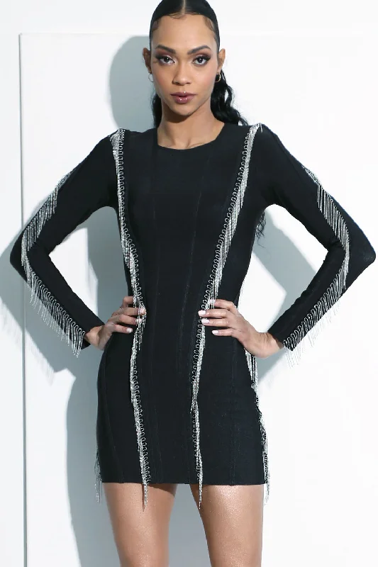 XENA | Women's Black Metal Fringe Mini Party Dress Chiffon Maxi Beach