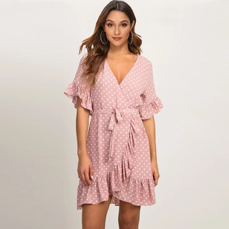 Summer Dress 2019 Boho Style Beach Dress Fashion Short Sleeve V-neck Polka Dot A-line Party Dress Sundress Vestidos Crew Neckline Casual