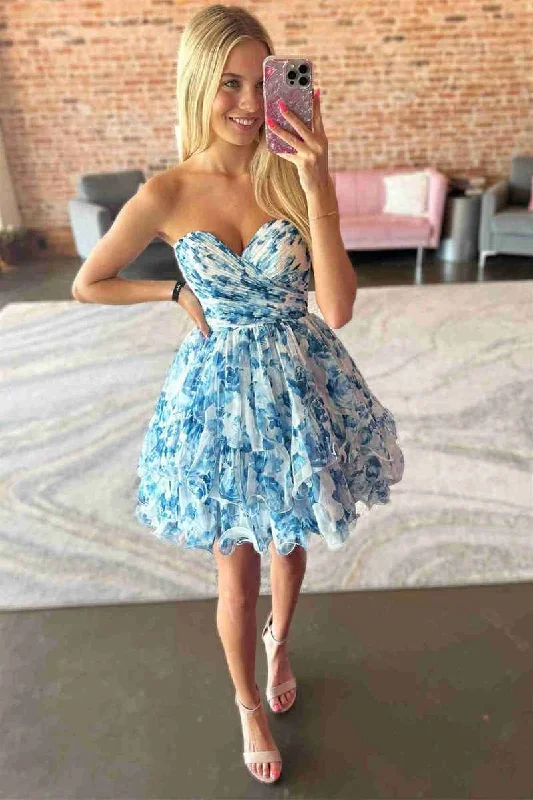 Sweetheart Blue Corset Floral Print Ruffle Short Party Dress Cowl Neckline Elegant