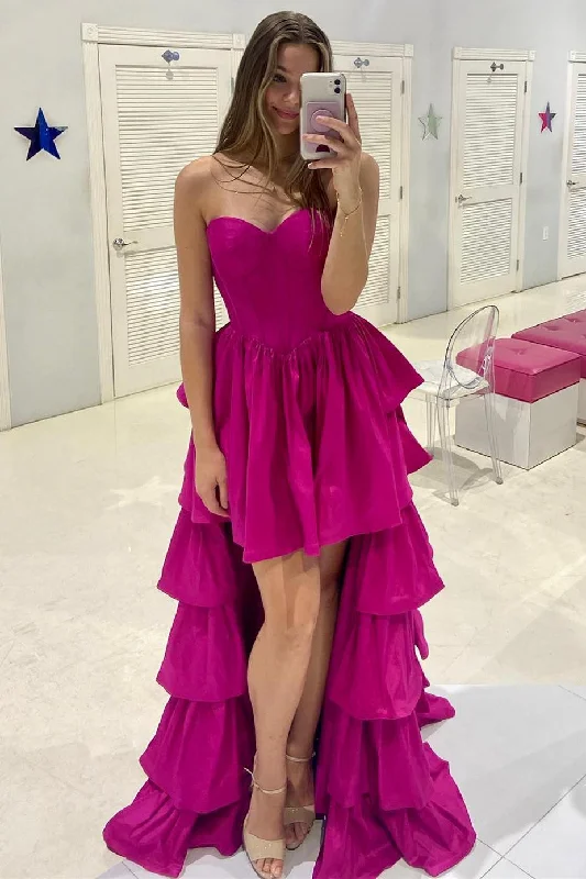 Sweetheart Fuchsia Tiered Hi-Low Long Party Dress Glittery Long Formal