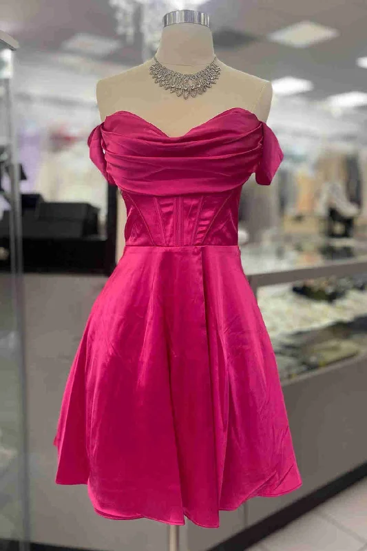 Sweetheart Hot Pink Pleated A-Line Short Party Dress Tunics Mesh breathable