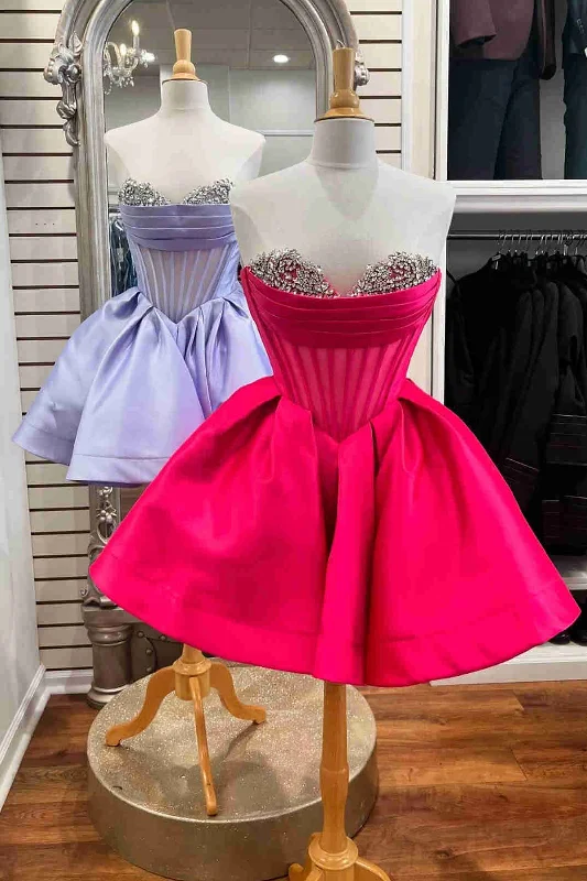 Sweetheart Hot Pink Pleated Short Party Dress with Rhinestones Bodycon Fitted Nightout