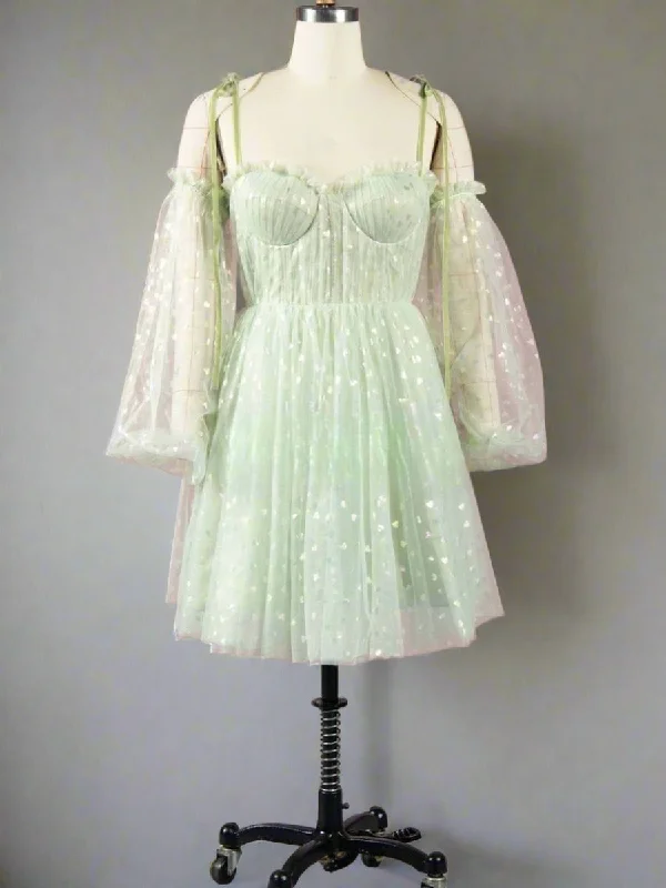Sweetheart Mint Green Hearty Short Party Dress with Sleeves Tunics Print Colorful