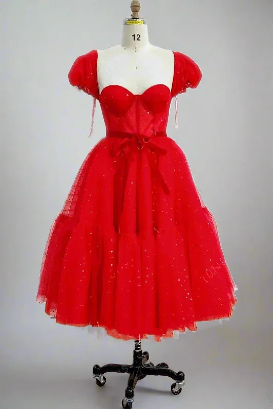 Sweetheart Red Balloon Sleeves Short Party Dress Tunics Solid Classic
