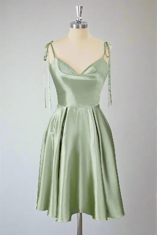 Tie Shoulder Sage Green Cowl Neck A-Line Short Party Dress Tunics Floral girly