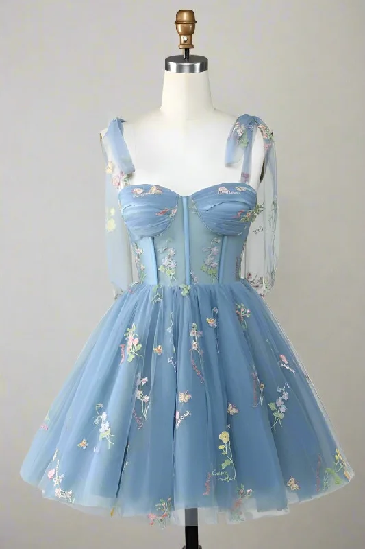 Tie Straps Blue Floral Embroidery Short Party Dress Tunics Plaid country