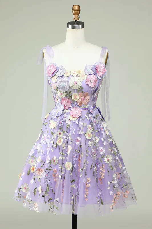 Tie Straps Lavender Embroidery Floral Short Party Dress Tunics Leisure comfortable