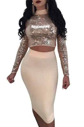 Two Piece Long Sleeves Sequins Convertible Party Dress Tunics Distressed trendy