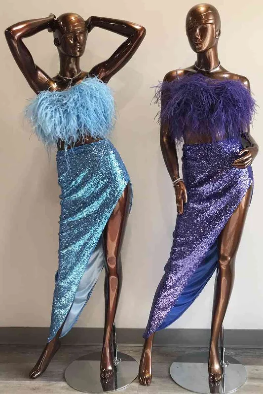 Two Piece Strapless Sequins Slit Long Party Dress with Feather Top Tunics New arrival