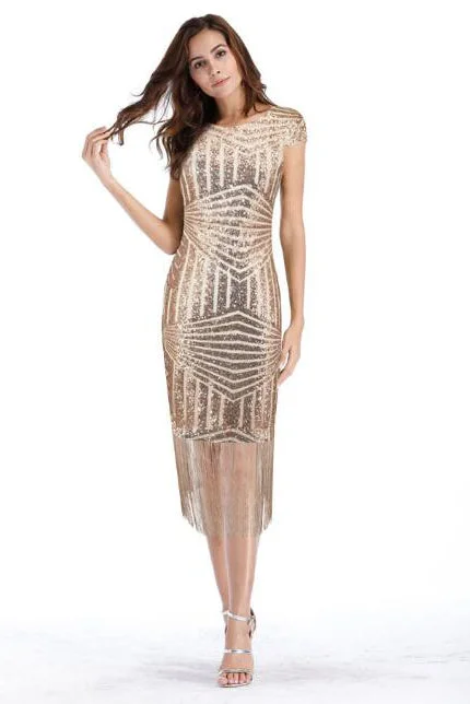 V-Back Sequins Gold Tea Length Party Dress Tunics Velvet soft
