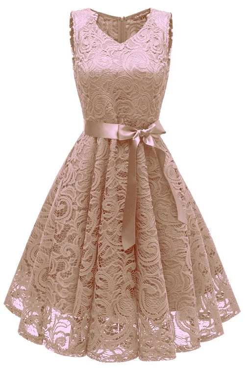 V-Neck Champagne Lace Short Party Dress Turtleneck Neckline Stylish
