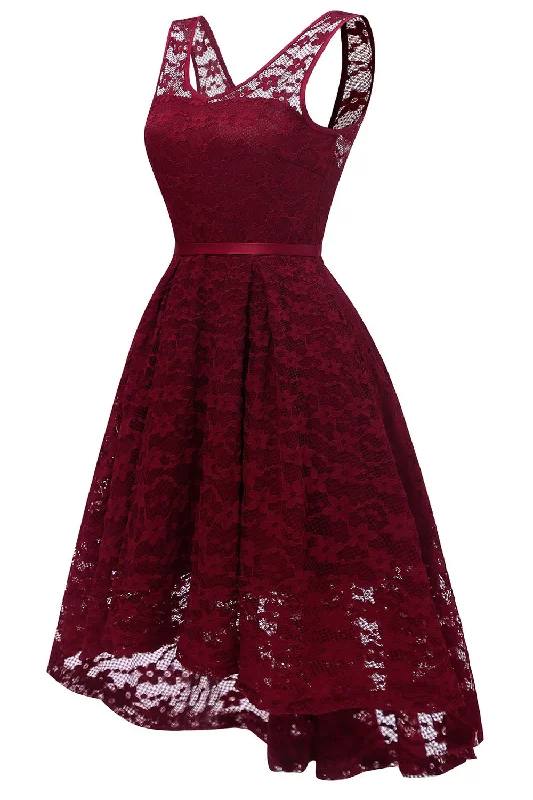 V-Neck Hi-Low Burgundy Party Dress with Ribbon Tunics Vintage classic
