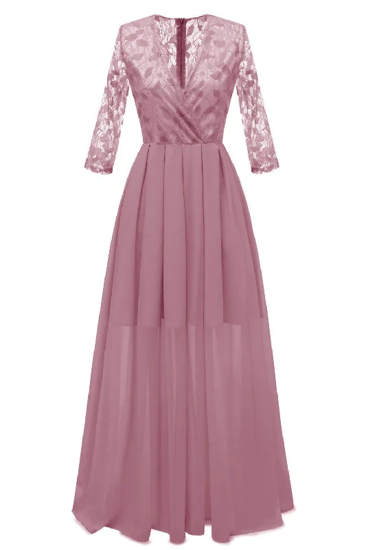V-Neck Long Sleeves Chiffon Long Pink Party Dress Tunics Sophisticated sleek