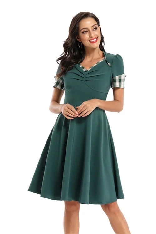 V-Neck Medium Length Teal Party Dress with Short Sleeves Pleated Skirt Elegant