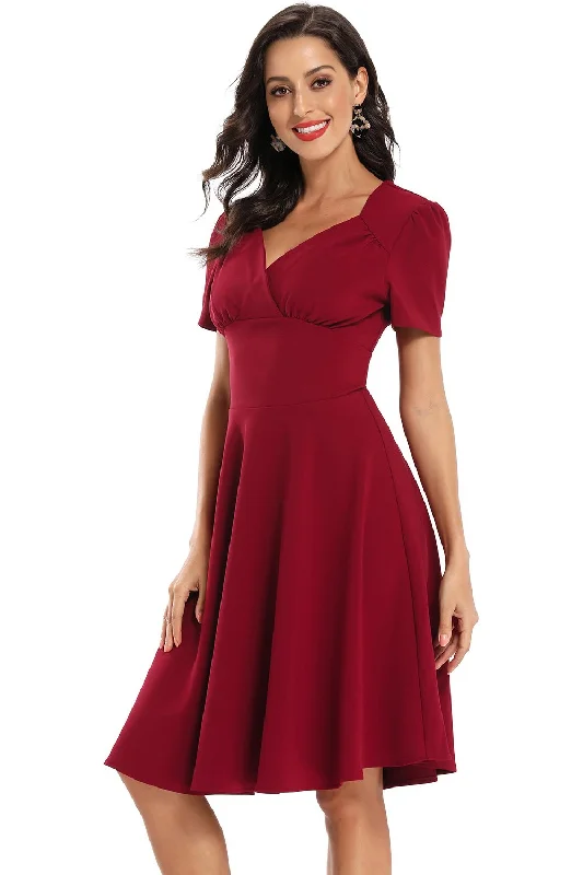 V-Neck Short Sleeves Burgundy Party Dress Halter Neckline Beach