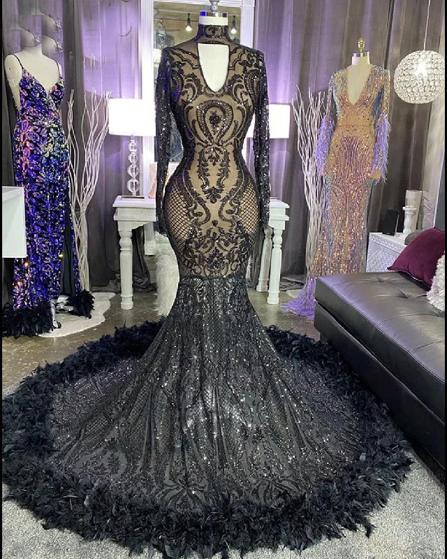 vestidos elegantes para mujer high neck black evening dresses long feather sparkly sequin applique modest formal dresses Tunics Print Colorful