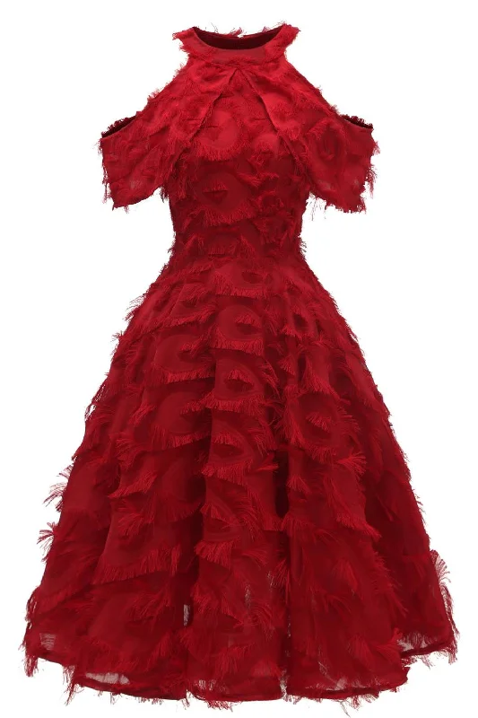 Vintage Off the Shoulder Red Fur Short Party Dress Tunics Top Casual